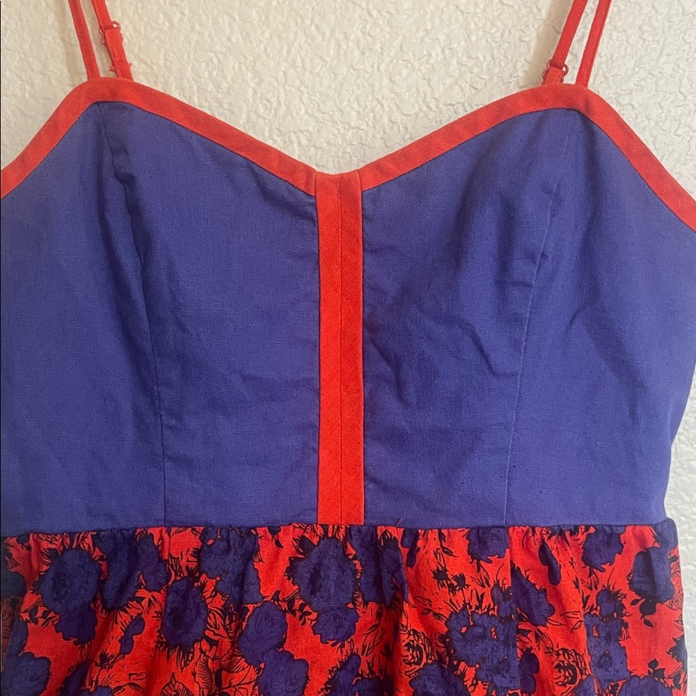 Cope Purple and Red Floral Rose Spaghetti strap Dress linen cotton - Picture 4 of 10